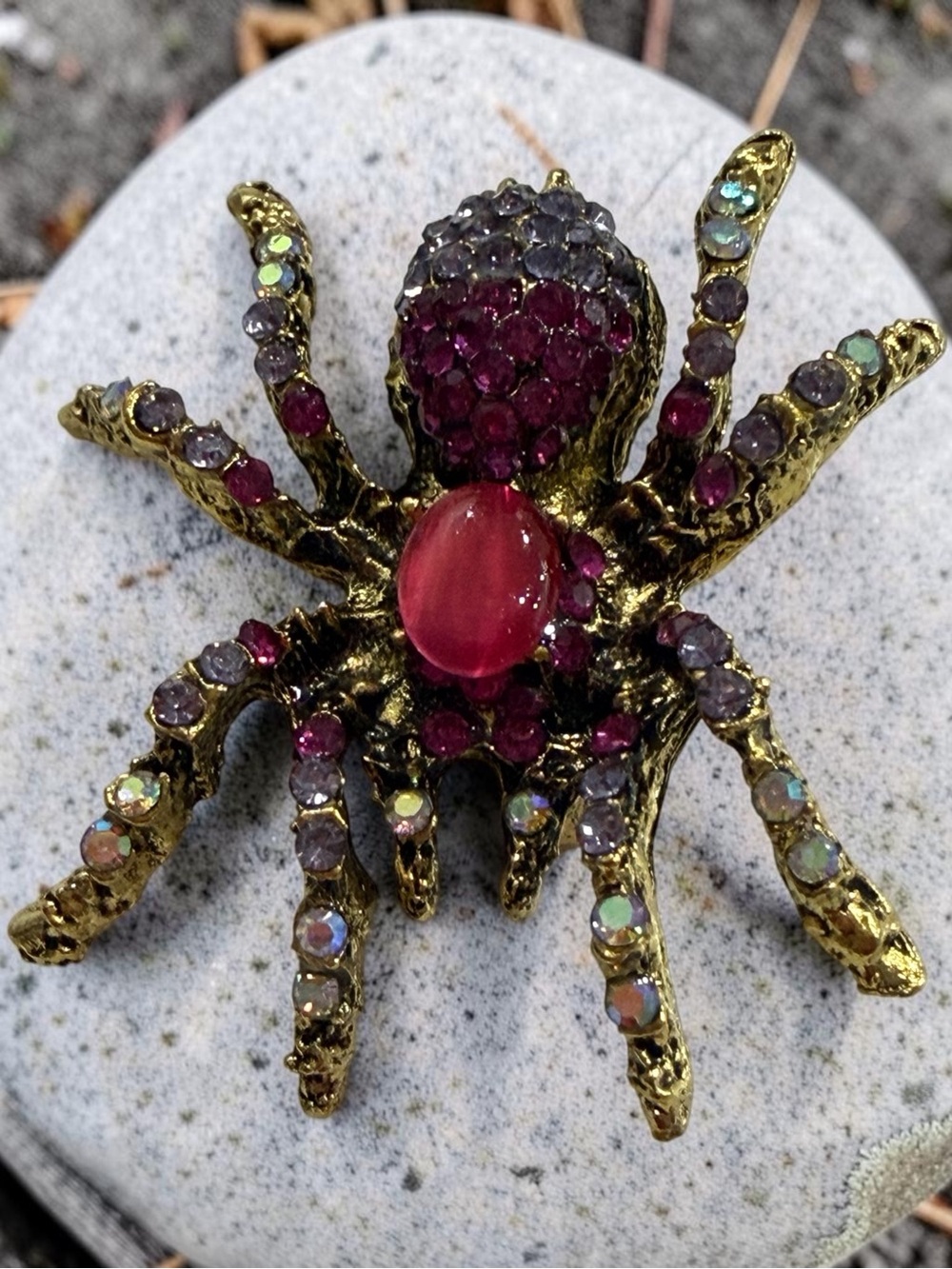 Gold-Tone Ruby and Aurora Borealis Spider Brooch